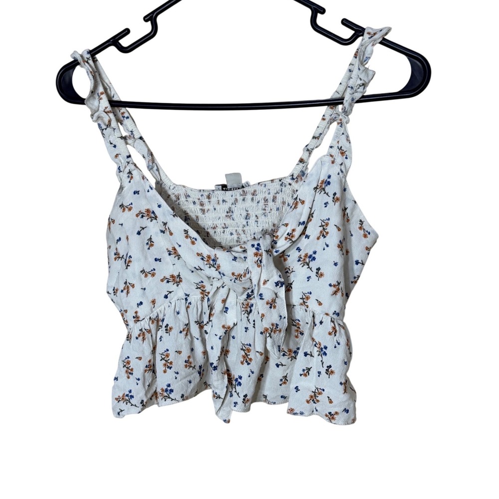 American Eagle Floral Tie Front Smocked Crop Top White Blue Orange Womens Small